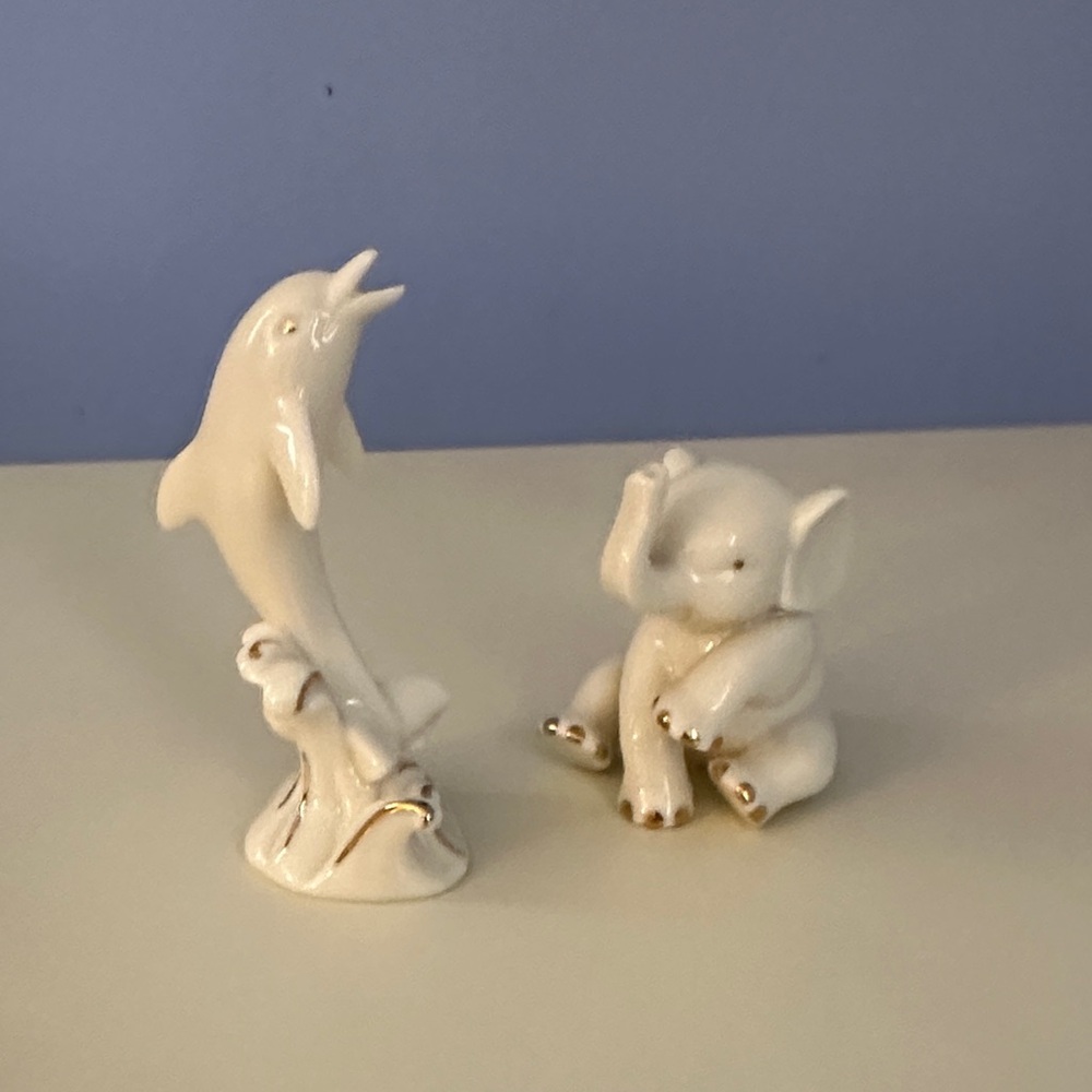 Lenox White Porcelain Dolphin and Elephant Figurine Set with Gold Accents